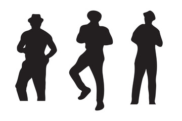 Vector silhouettes of men, a group of model standing and walking, dancing people, black color isolated on white background