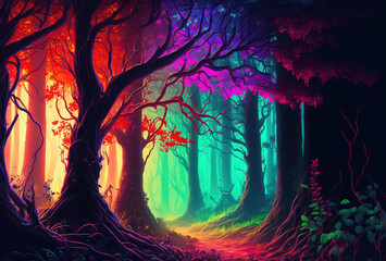 The dark trees are illuminated by multicolored psychedelic neon light. A fairytale forest, a surreal, mystical landscape. A mysterious path through the thicket. 3D rendering. AI generated.