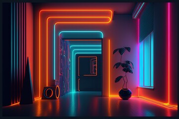 Fantastic neon tunnel, virtual art gallery concept . Immersion in virtual reality, artificial intelligence. Dark abstract background with multicolored glow. 3D rendering. AI generated.