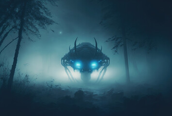 Scary alien monster in the misty night forest. The creepy silhouette of a huge creature with glowing eyes is illuminated by the moon. 3D rendering. AI generated.
