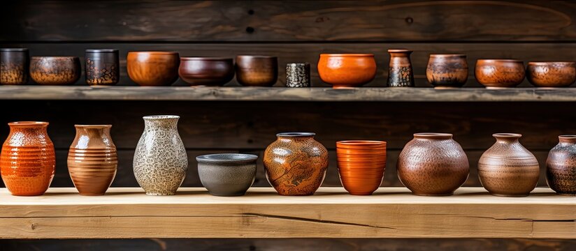 Various artisan clay bowls displayed in a potter s store or creative studio alongside handmade ceramic crockery and craft pottery jug jars and cups