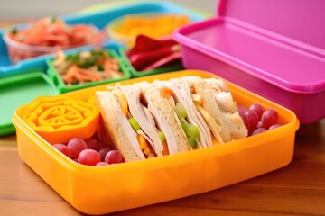 colorful lunchbox with turkey and cheese sandwich