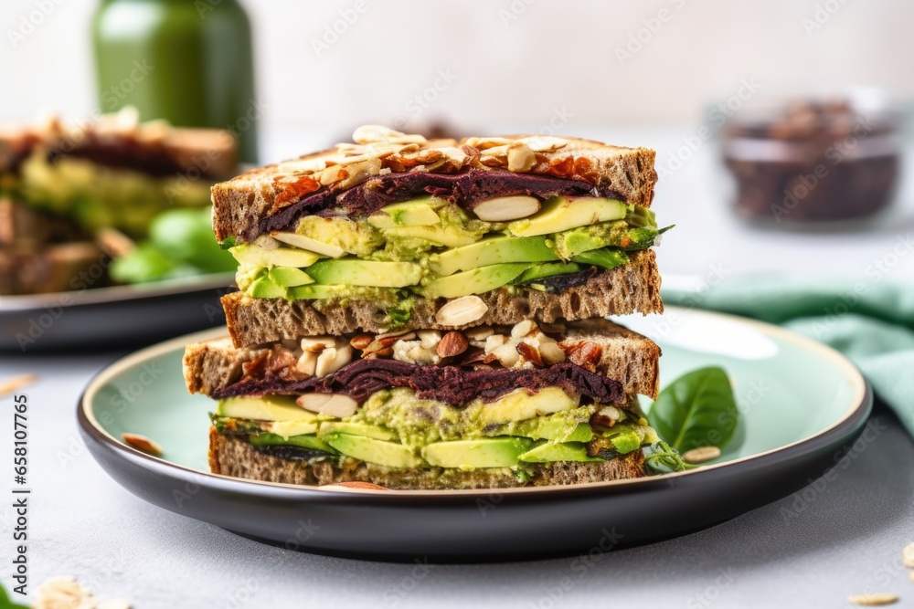 Sticker multi-layer avocado sandwich with a bite taken out