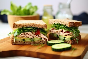 shot of two sandwiches filled with tuna and cucumber, with side salad