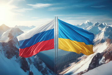 Russia and Ukraine flag waving in the wind against snowy mountains under blue sky. Created with Generative AI tools - obrazy, fototapety, plakaty