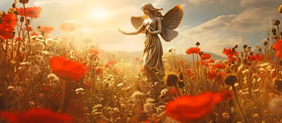 Foto op Plexiglas Statue of angel in poppy field. AI generated. © RZ