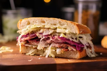 Foto op Canvas close-up shot of a sandwich half with sauerkraut falling out © altitudevisual