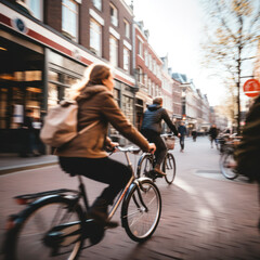 amsterdam bicycle riders with background blurred. - obrazy, fototapety, plakaty