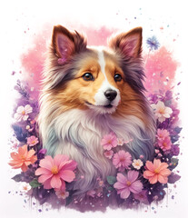 Digital illustration of a Sheltie dog, a composition on a background of beautiful pink-purple flowers with a drawing effect, background for postcards and posters