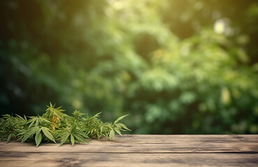 Empty rustic old wooden boards table copy space with cannabis plants in background. Product display...
