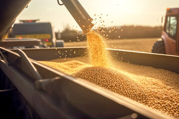 A combine pours freshly harvested corn, maize or soybean seeds into a container trailer nearby, close-up detail, midday sun. Agriculture concept.