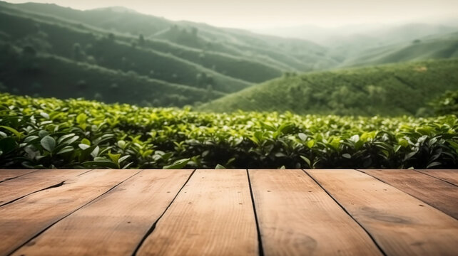 Empty rustic old wooden plank table copy space with tea gardens or plantations in the background. Product display template.