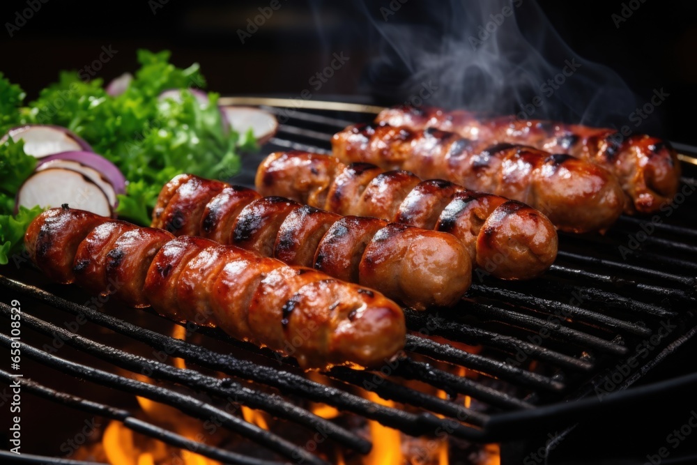 Sticker sizzling sausages with bubbling fat on a portable grill