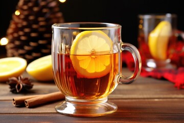 hot toddy with lemon slice in a clear mug