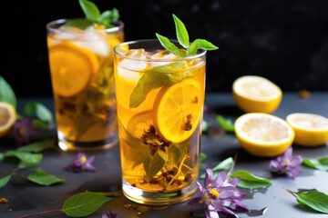 close-up of passionfruit iced tea with fresh passionfruit