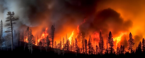 Fototapeta na wymiar Forest fire in the mountains. Banner