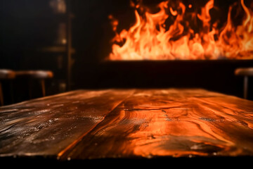 Wooden table with Fire burning at the edge of the table, fire particles, sparks, and smoke in the...