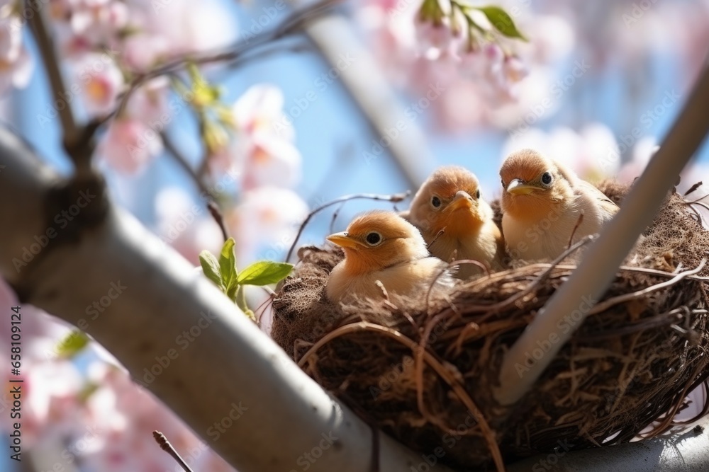 Wall mural a nest with birds resting in spring