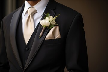 grooms tuxedo folded neatly with a boutonniere - obrazy, fototapety, plakaty