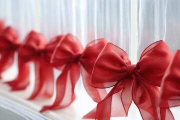 red ribbon bows on a frosted glass surface