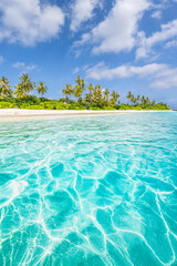 Amazing sunny panorama at Maldives. Luxury resort seascape. Majestic sea waves coconut palm trees...