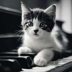 Adorable black and white kitten with bright eyes sitting on piano keys. Artistic and cozy scene with a young cat gently resting its paws on a classic black-and-white keyboard.