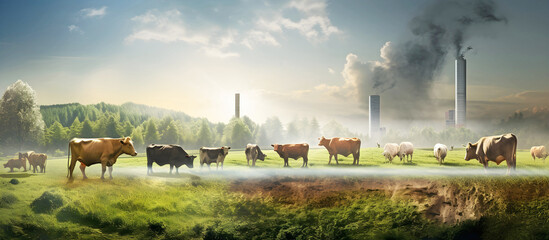 cows in the field with industrial pollution in the background. AI generated.