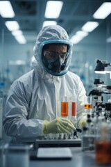 Closeup of a male scientist wearing a protective suit conducting research, experience in a chemical laboratory. Evolution, science, pandemic, medicine, health concepts - obrazy, fototapety, plakaty