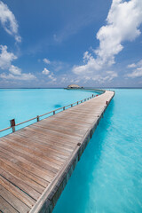 Panoramic landscape of Maldives beach. Tropical resort luxury water villa resort wooden pier. Popular travel destination background for summer holiday best vacation. Exotic sea bay sunny sky clouds