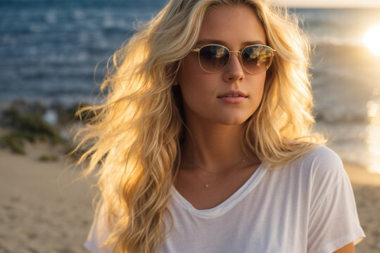 Young blonde woman wearing sunglasses and a white t-shirt on the beach. Generative AI.