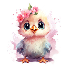 Fototapeta premium Cute chicken baby with flower Illustration, Generative Ai