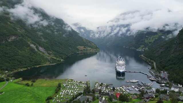 Cruise Ship in Geiranger, Norway - Scenic Geirangerfjord and Small Village in Stranda, More og Romsdal - Aerial