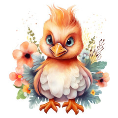 Obraz premium Cute chicken baby with flower Illustration, Generative Ai