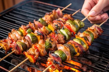 Foto op Aluminium grilled bacon-wrapped brussels sprouts on skewers held by tongs © altitudevisual