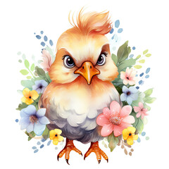 Fototapeta premium Cute chicken baby with flower Illustration, Generative Ai