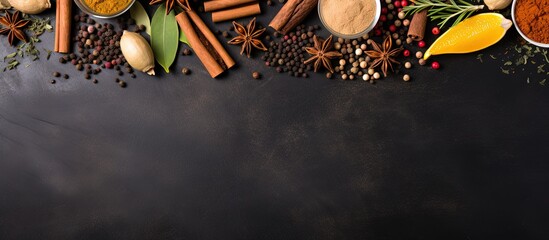 Spices like turmeric cardamom chili ginger star anise and cinnamon near blackboard on grunge background