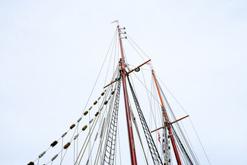 Close-up of a ship's mast of an old sailing ship. Maritime detail.