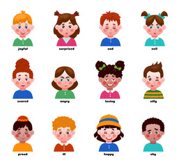 Children emotion expressions. Different faces. Angry or happy toddler head. Race diversity. Joyful girl. Sad boy. Young people portraits. Kids emoticons tidy clipart. Vector poster design
