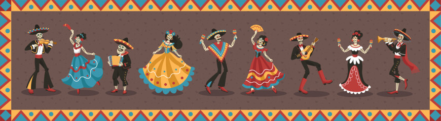 Mexican dead day. Mexico Halloween holiday. Muertos festival. Frida Kahlo dancing with Mariachi. Death Catrina poster. Skeleton musicians and dancers. Vector vintage tidy background