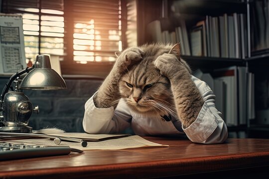 A cat laments, hands on its head. Concept: Frustration, surprise, and incredible things. Facepalm.