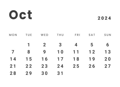 Template design of Monthly Calendar on october 2024. Vector layout minimal calendar with week start Monday.