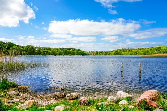 View of Lake Wiselka, Neuendorfer See. Landscape on the island of Wolin. Nature in West Pomerania.
