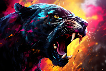 Colorful black panther roaring on a black background - obrazy, fototapety, plakaty