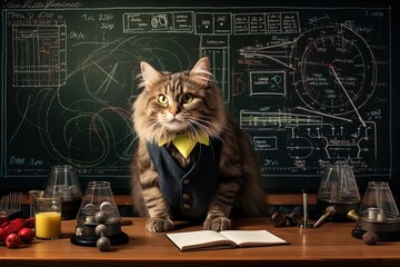 A cat dressed as a university professor in class in front of the chalkboard with mathematical formulas. Concept: Costumes for your pet.
