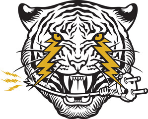 Tiger Face with Lightning Bolts and Power Plug in its Mouth. Vector Illustration.