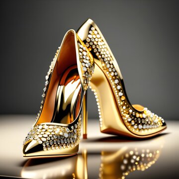 Glamorous gold high heels exude elegance and luxury indoors.