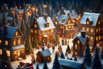 Fototapeta premium Illustration of Christmas village. A beautiful and magical winter city, straight out of a fairytale, with snow-covered rooftops. Happy new year. Winter landscape.