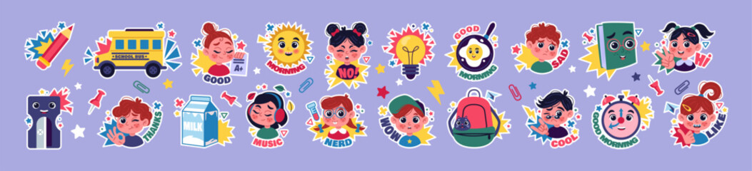 School stickers. Kid learning. Back to science icon. Study doodles. Happy children. Boy and girl faces. Fun education. Stationery or snacks. Books in backpack. Vector tidy elements set