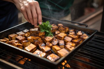 smoked tofu being marinated by hand