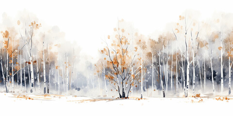Watercolor American Aspen Trees in Colorado Rocky Mountains, Featuring Black and White and Orange Tree Trunk on White Background. Snowy Winter Christmas Banner with Birch Grove in the Winter Season. - obrazy, fototapety, plakaty